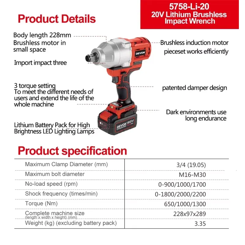 Devon 20V yüksek torklu üç tor - Power Tools Impact Wrench incelemesi ve fiyatı
